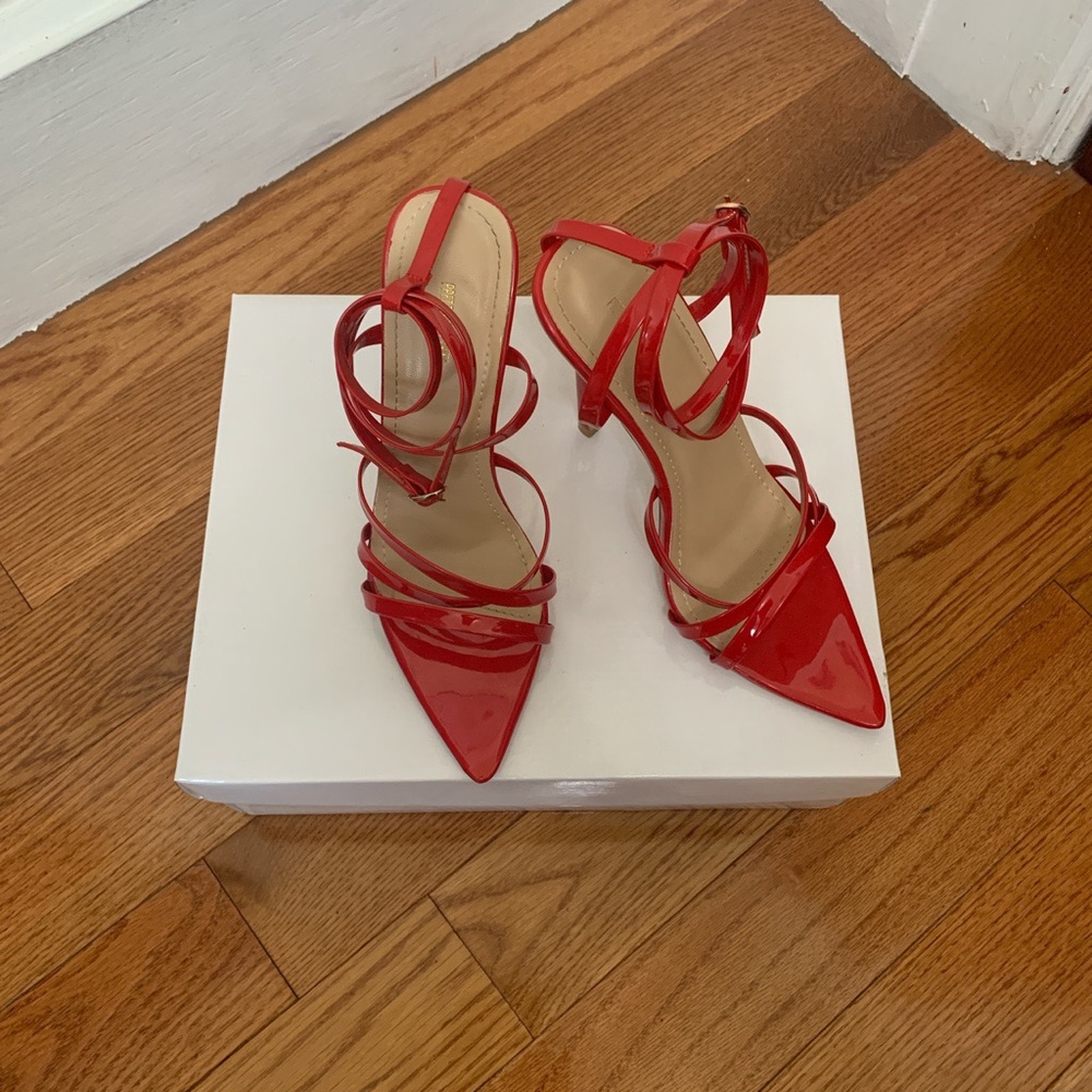 Red Strappy Patent Pointy Toe Heels